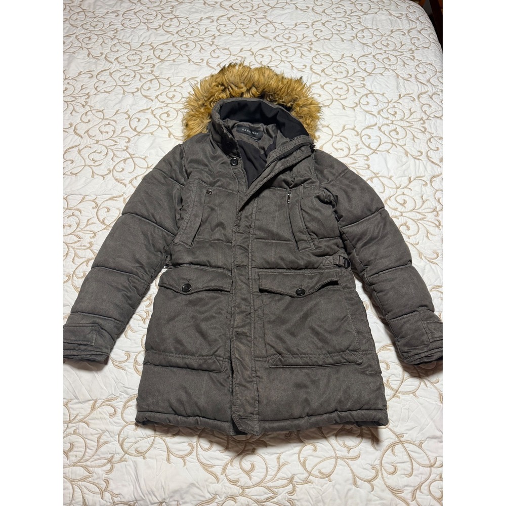 Zara Man Mens M Gray Puffer Parka Coat Faux Fur Hood Winter Heavy Jacket Warm